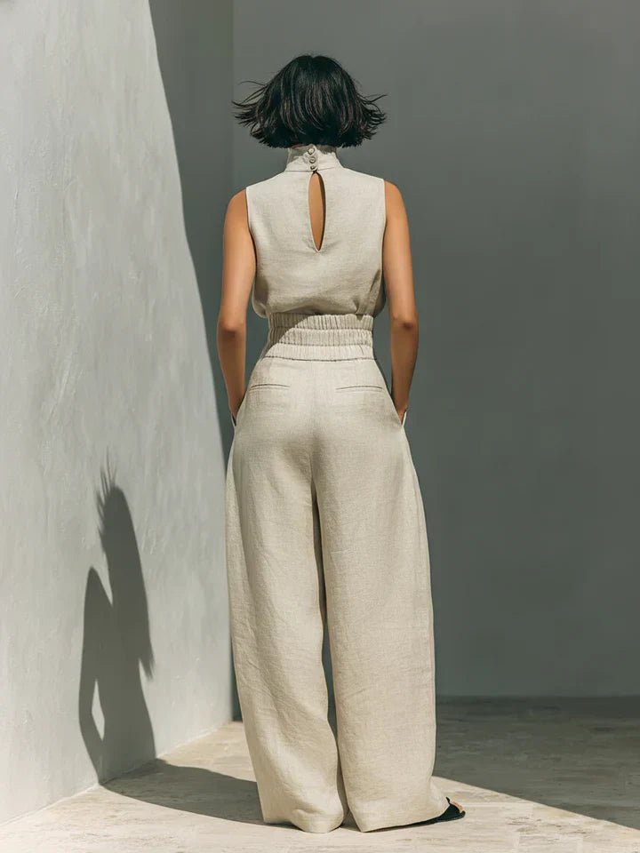 Flor | Conjunto minimalista de blusa sin mangas y pantalón de pernera ancha en algodón y lino para mujer