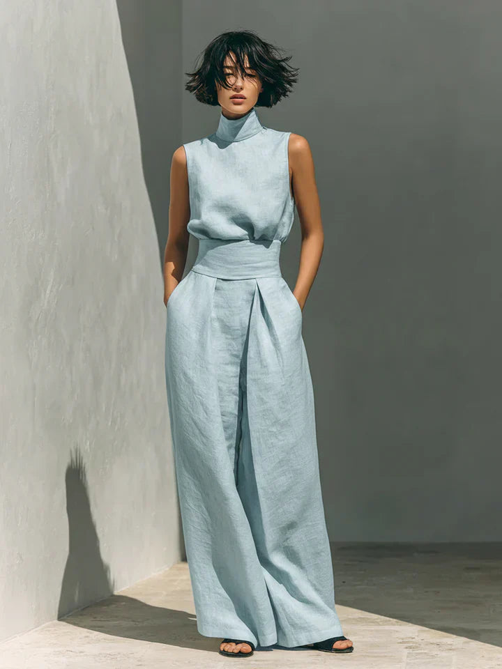 Flor | Conjunto minimalista de blusa sin mangas y pantalón de pernera ancha en algodón y lino para mujer